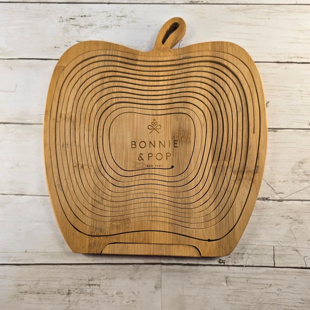 Bonnie & Pop Bamboo Apple Fruit Basket Collapsible Wood Trivet Cutting Board